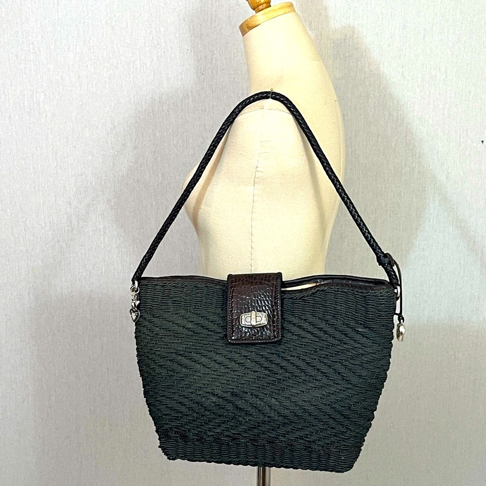 Brighton Black Woven Shoulder Bag with Dark Brown Trim
